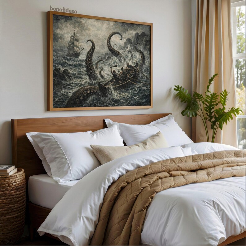 May include: A framed artwork depicting a nautical scene with a ship and a giant octopus attacking a boat. The artwork is in a wooden frame and hangs above a bed with white bedding and a brown quilted blanket. The room has a neutral color palette.