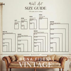 May include: Wall art size guide with dimensions in inches, including 5x7, 8x10, 9x12, 11x14, 16x20, 18x24, and 24x36. The text "Sofa is 90"" is also present. The image features a vintage leather sofa.