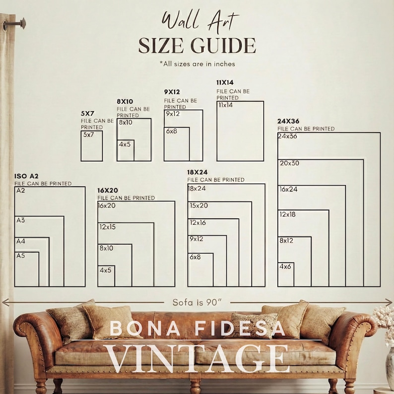 May include: Wall art size guide with dimensions in inches, including 5x7, 8x10, 9x12, 11x14, 16x20, 18x24, and 24x36. The text "Sofa is 90"" is also present. The image features a vintage leather sofa.