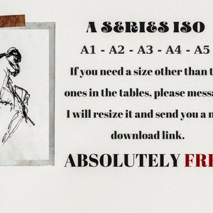 May include: A black and white illustration of a person sitting in a thinking pose. The text "A SERIES ISO" is written in bold black letters. Below the text is "A1 - A2 - A3 - A4 - A5". The text "If you need a size other than the ones in the tables, please message. I will resize it and send you a new download link. ABSOLUTELY FREE" is written in black letters.