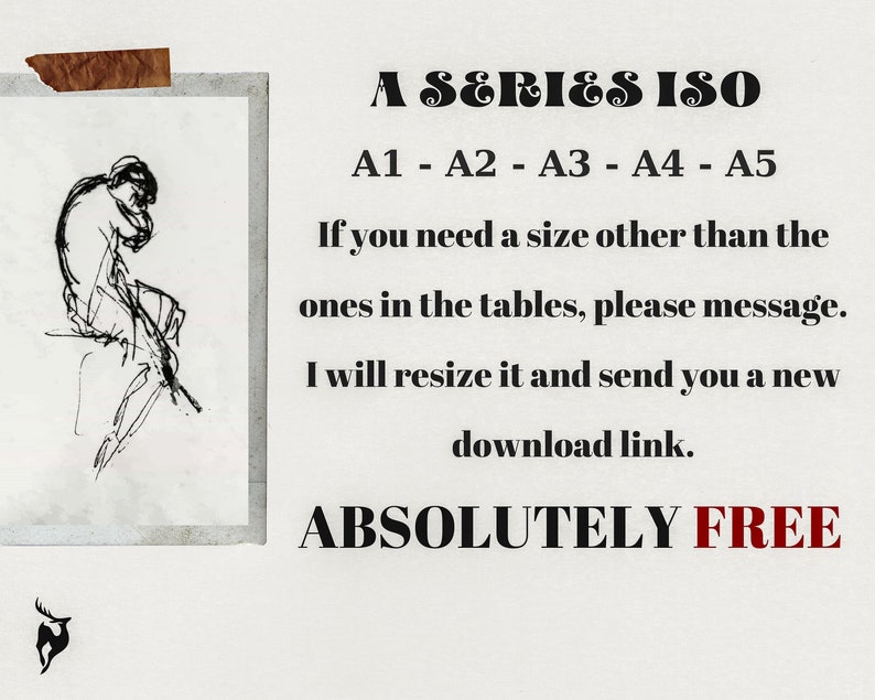 May include: A black and white illustration of a person sitting in a thinking pose. The text "A SERIES ISO" is written in bold black letters. Below the text is "A1 - A2 - A3 - A4 - A5". The text "If you need a size other than the ones in the tables, please message. I will resize it and send you a new download link. ABSOLUTELY FREE" is written in black letters.