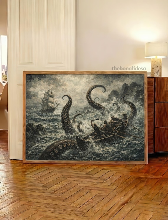 Gothic Pirate Ship Art,Nautical Sea Ocean Aesthetic,Dark Academia Decor,Moody Giant Octopus Bathroom Gift