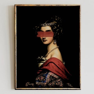 May include: A vintage portrait of a woman with a red painted stripe over her eyes. She is wearing a crown and a red and blue patterned dress.