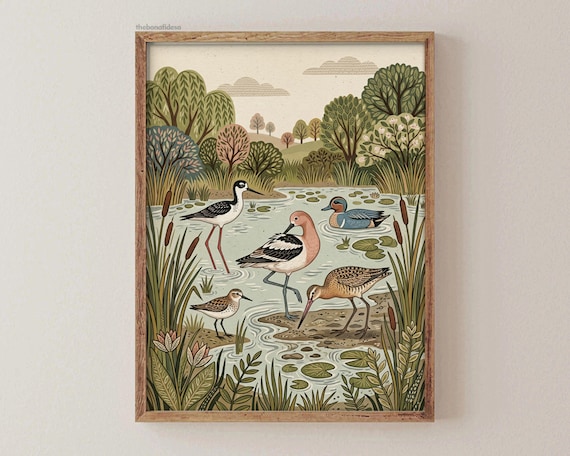 Whimsical Birds Art Print: Colorful Crane Illustration, Modern Folk Decor, Digital Download