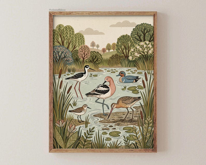 Puede incluir: Una l&aacute;mina art&iacute;stica enmarcada que muestra una escena de estanque con cinco aves, incluyendo una cig&uuml;e&ntilde;uela, una avoceta, un correlimos, un ave marr&oacute;n de pico largo y un pato cerceta, rodeados de espada&ntilde;as, nen&uacute;fares y &aacute;rboles.