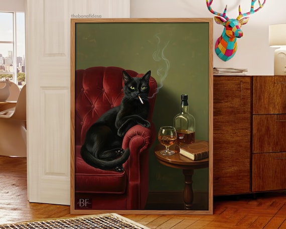 cigarette furniture Black Cat Smoking Cigarette Red Chair Art