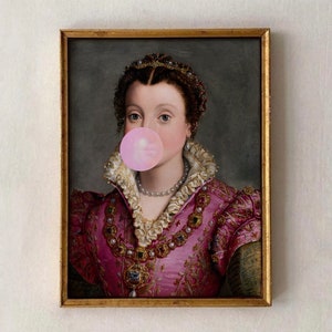Stampa Lady Bubblegum, dipinto vintage alterato, ritratto, arte stampabile, stampa artistica da parete eclettica, arte alterata, arte Bubblegum