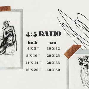 May include: A chart showing different sizes for a 4:5 ratio in inches and centimeters. The chart includes the following sizes: 4 x 5 inches, 8 x 10 inches, 11 x 14 inches, and 16 x 20 inches. The corresponding sizes in centimeters are: 10 x 12 cm, 20 x 25 cm, 28 x 35 cm, and 40 x 50 cm.