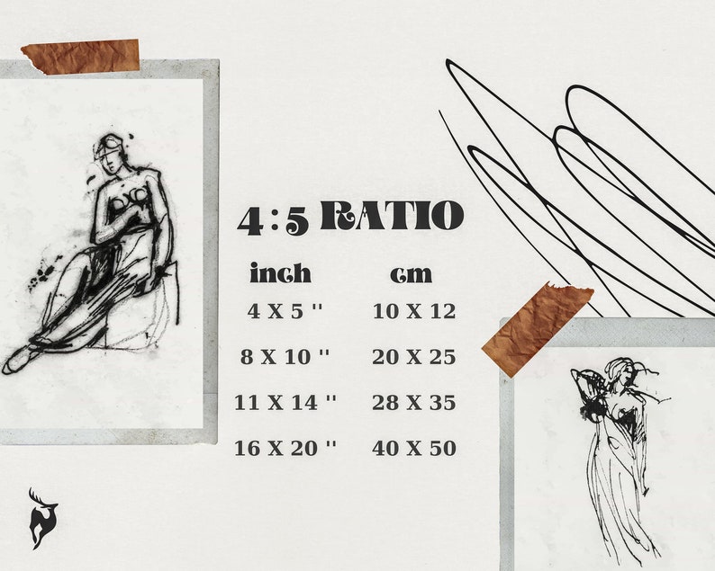 May include: A chart showing different sizes for a 4:5 ratio in inches and centimeters. The chart includes the following sizes: 4 x 5 inches, 8 x 10 inches, 11 x 14 inches, and 16 x 20 inches. The corresponding sizes in centimeters are: 10 x 12 cm, 20 x 25 cm, 28 x 35 cm, and 40 x 50 cm.