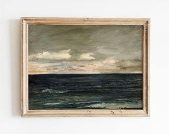 Pintura al óleo vintage del océano, arte antiguo costero (descarga digital)