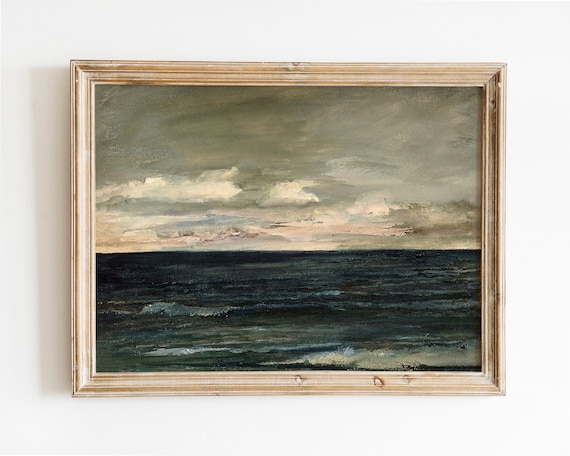 ヴィンテージ風の海の油絵、海岸沿いのアンティークアート（デジタル