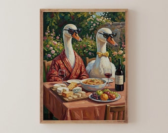 Duck Wine Party Art Print, Quirky Animal Poster, Retro Wall Art with Ducks and Wine, Fun Dining Room or Kitchen Decor