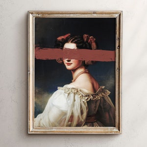 May include: A framed portrait of a woman with a red ribbon in her hair. A red brushstroke covers her eyes.