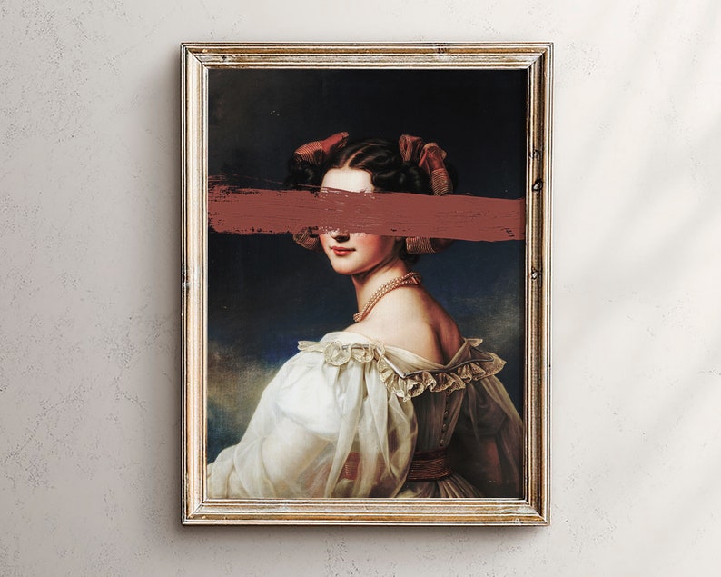 May include: A framed portrait of a woman with a red ribbon in her hair. A red brushstroke covers her eyes.