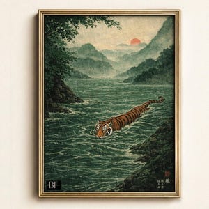 May include: Framed art print depicting a tiger swimming in a river, inspired by Japanese art. The artwork shows a tiger with orange and black stripes in a green river, with mountains and a sunset in the background. The print is in a gold frame.