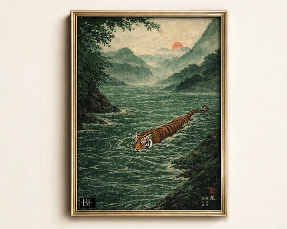 Japanese Tiger Swimming Print, Vintage Ukiyo-e Style Wall Art, Minimalist Animal Poster, Asian Inspired Tiger Decor
