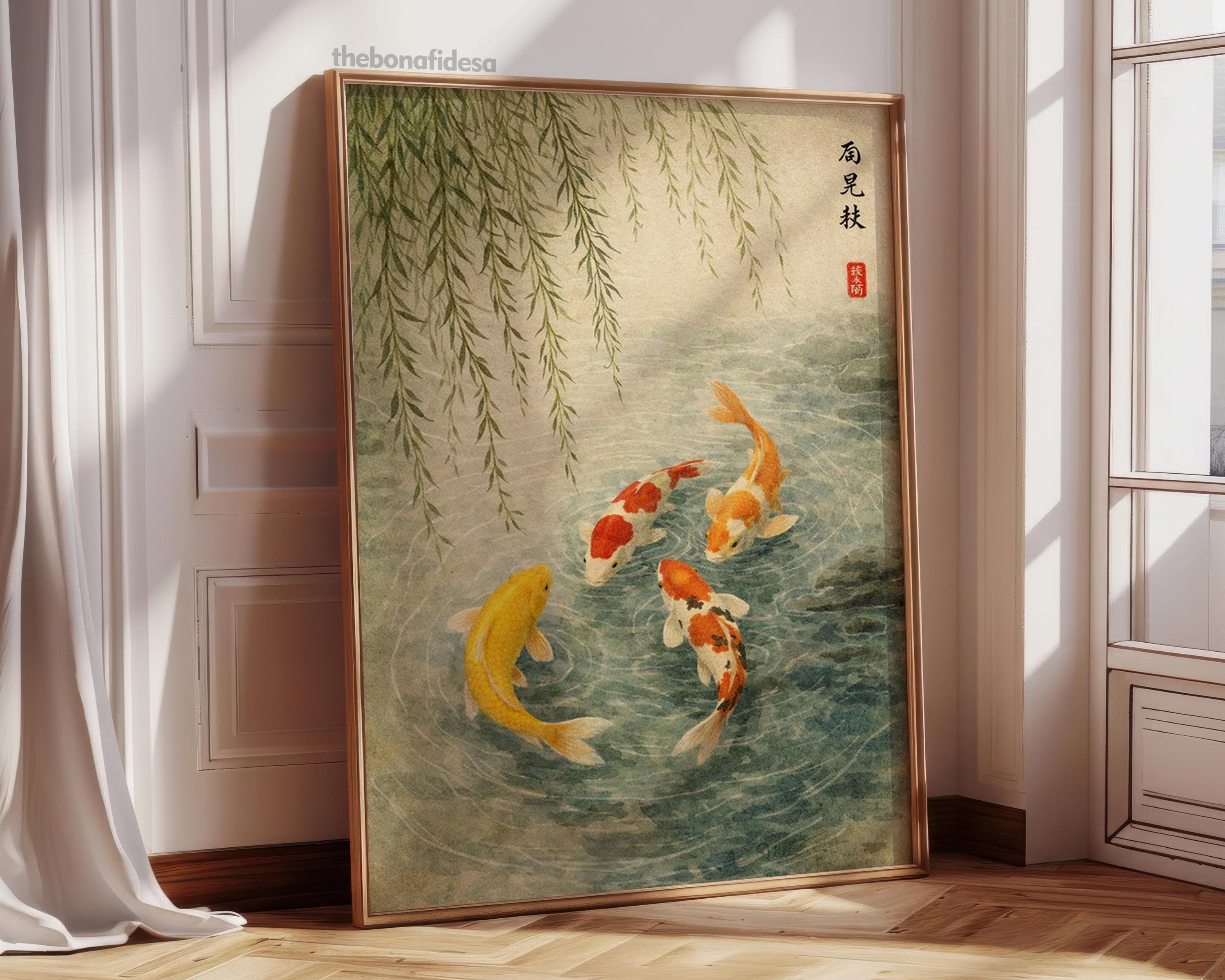 Japanese Koi Fish Poster, Minimalist Asian Wall Art, Zen Water Painting ...