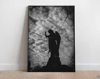 Gothic Angel Statue Photography Print, Dark Academia Wall Art (Digital Download)