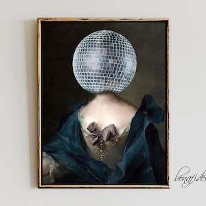 Retro Disco Ball, Disco Wall Art, Feminine Bedroom Art, Portrait Of a Woman, Elegant Portrait, Funny Altered Art, Moody Portrait Print