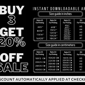 May include: Black and white graphic with the text "BUY 3 GET 20% OFF SALE". A table shows the different sizes available for instant downloadable art in inches and centimetres.