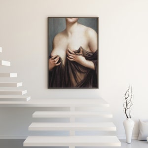 May include: A painting of a woman in a brown dress, with her hands holding the fabric of the dress up to her chest.