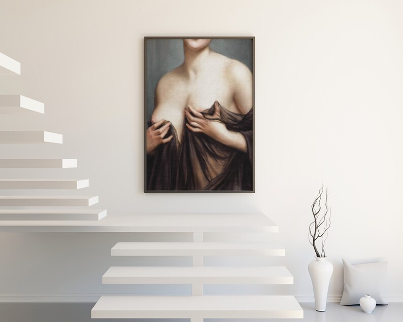 May include: A painting of a woman in a brown dress, with her hands holding the fabric of the dress up to her chest.