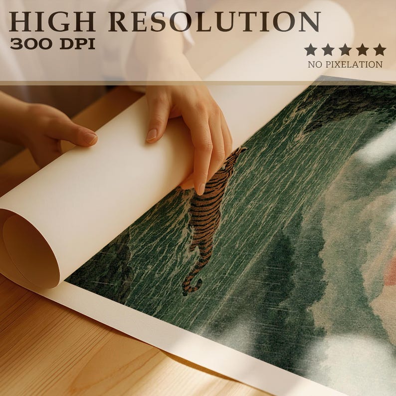 May include: An art print depicting a tiger in a green ocean, being unrolled. The text "HIGH RESOLUTION 300 DPI" is visible. The print is on a wooden surface. The image is of high quality, with no pixelation.