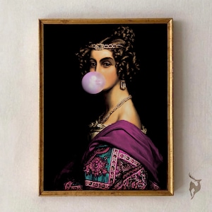 Bubblegum Portrait Altered Art Print, Vintage Oil Painting (Downloadable)