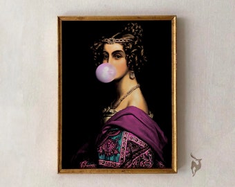Bubblegum Portrait Altered Art Print, Vintage Oil Painting (Downloadable)