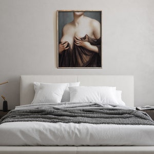 May include: A framed painting of a woman in a brown and black dress, with her hands holding the fabric of the dress.