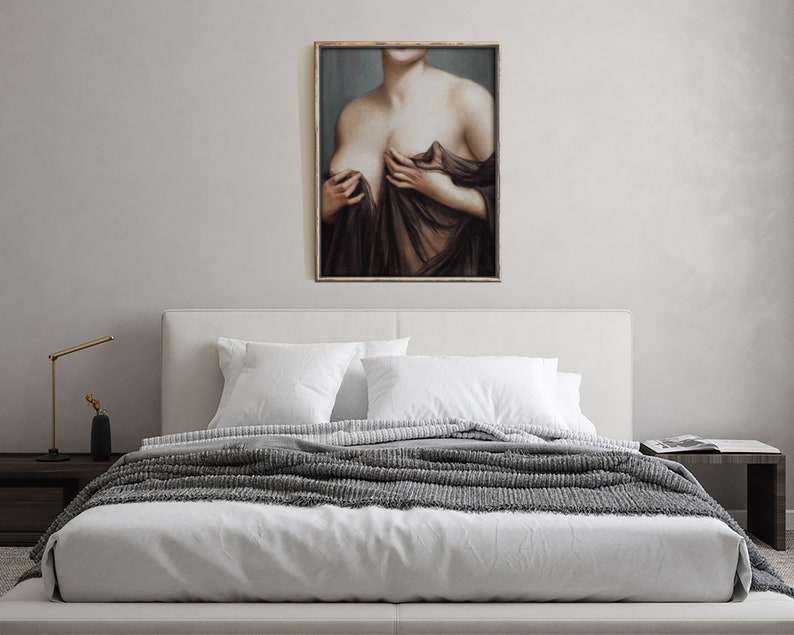 May include: A framed painting of a woman in a brown and black dress, with her hands holding the fabric of the dress.