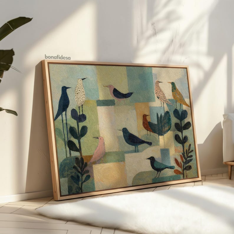 May include: A framed artwork featuring stylized birds in various colors, including blue, pink, and yellow, set against a geometric background of muted tones. The artwork is in a light wooden frame and leans against a white wall.