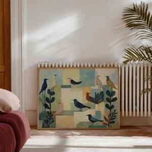 May include: A framed art print featuring a colorful illustration of various birds perched on stylized plants. The birds are depicted in shades of blue, pink, brown, and yellow against a geometric background of pastel squares. The artwork is in a wooden frame.