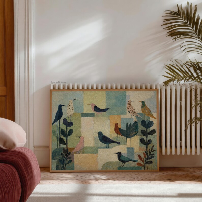 May include: A framed art print featuring a colorful illustration of various birds perched on stylized plants. The birds are depicted in shades of blue, pink, brown, and yellow against a geometric background of pastel squares. The artwork is in a wooden frame.