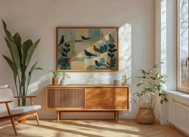May include: A framed artwork featuring stylized birds in shades of blue, green, and brown. The artwork hangs above a wooden cabinet with a slatted door. The room is decorated with plants and a wooden chair.