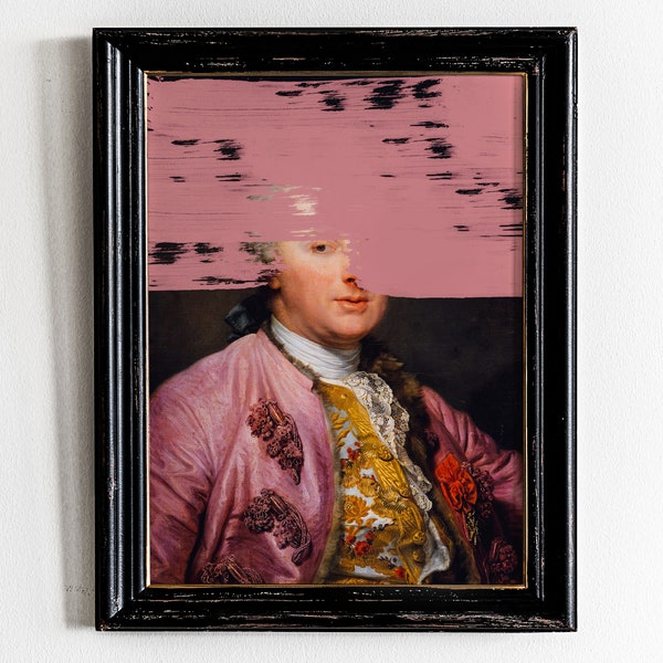 Altered Pink Dress Man Portrait Painting Surreal Art, Boho Pink Wall Art Print, Dark Portrait Antique Oil Painting, Printable Collage Art