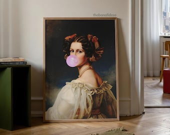 Altered Art Portrait Print, Baroque Bubble Gum, Maximalist Decor (Downloadable)
