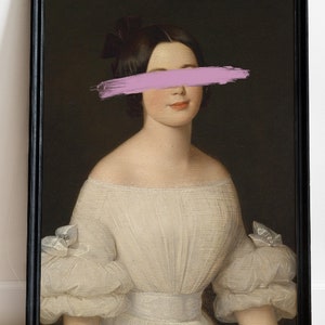 May include: A vintage portrait of a woman in a white dress with a pink brushstroke covering her eyes. The portrait is framed in a black frame.