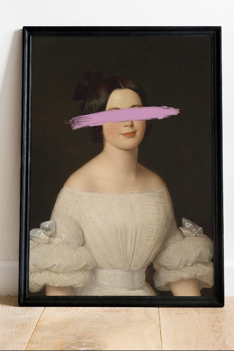 May include: A vintage portrait of a woman in a white dress with a pink brushstroke covering her eyes. The portrait is framed in a black frame.