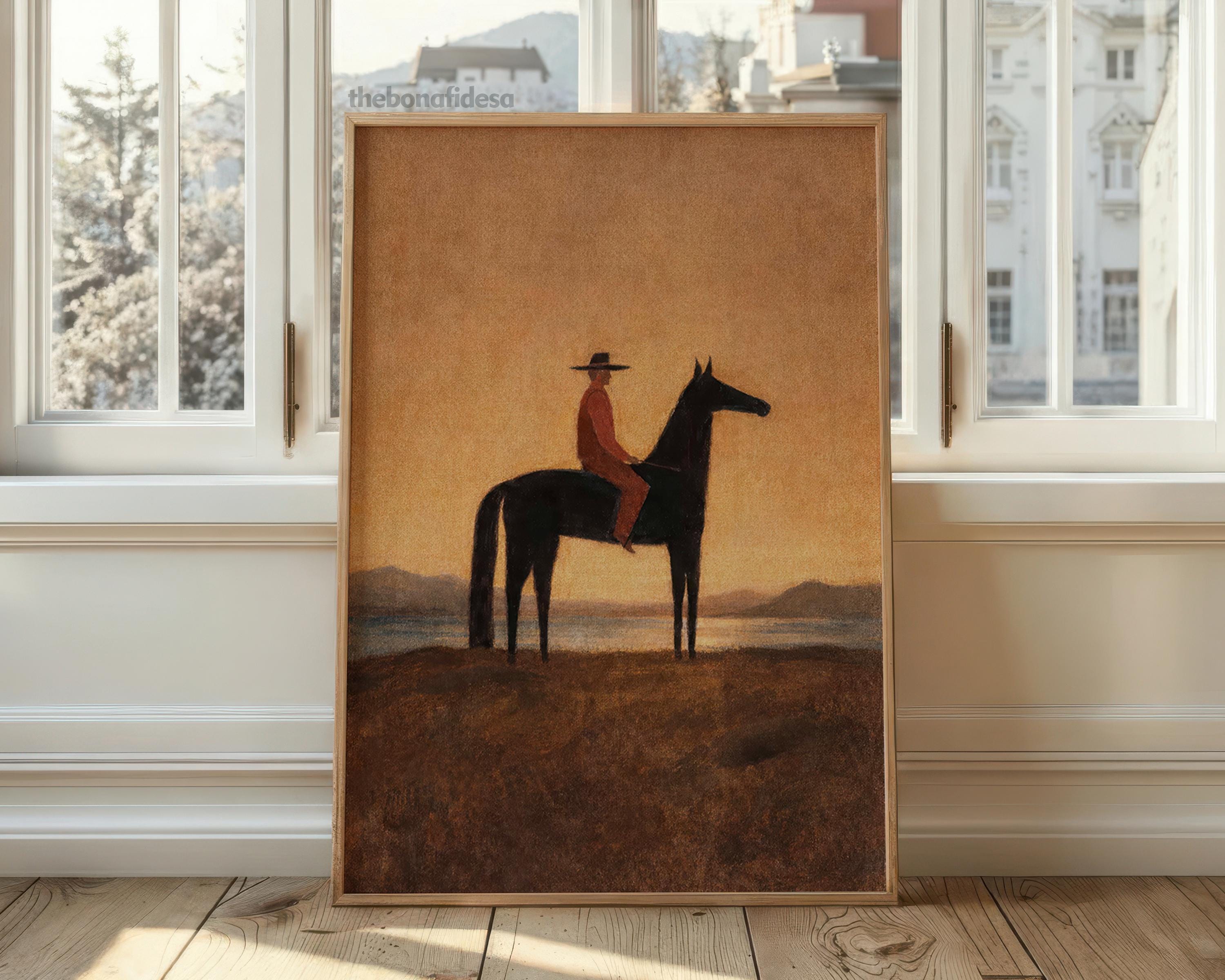 Japandi Cowboy Wall Art Printable, Minimal Western Sunset Horse Rider ...