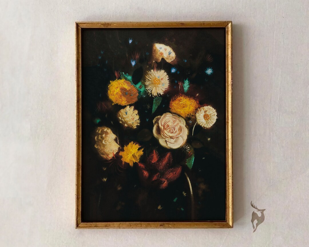 Dark Floral Art Print, Moody Still Life, Vintage Oil Painting (digital ...