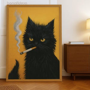 黒猫の絵画、タバコを吸う猫、猫の壁アート、猫のプリント、猫の肖像画、ユニークなギフト、黒子猫の絵画、印刷可能なアート
