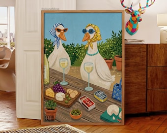 Funny Duck Wine Digital Wall Art , Quirky Printable Poster with Stylish Ducks, Cheese and Wine Scene, Retro Wall Decor for Kitchen or Bar