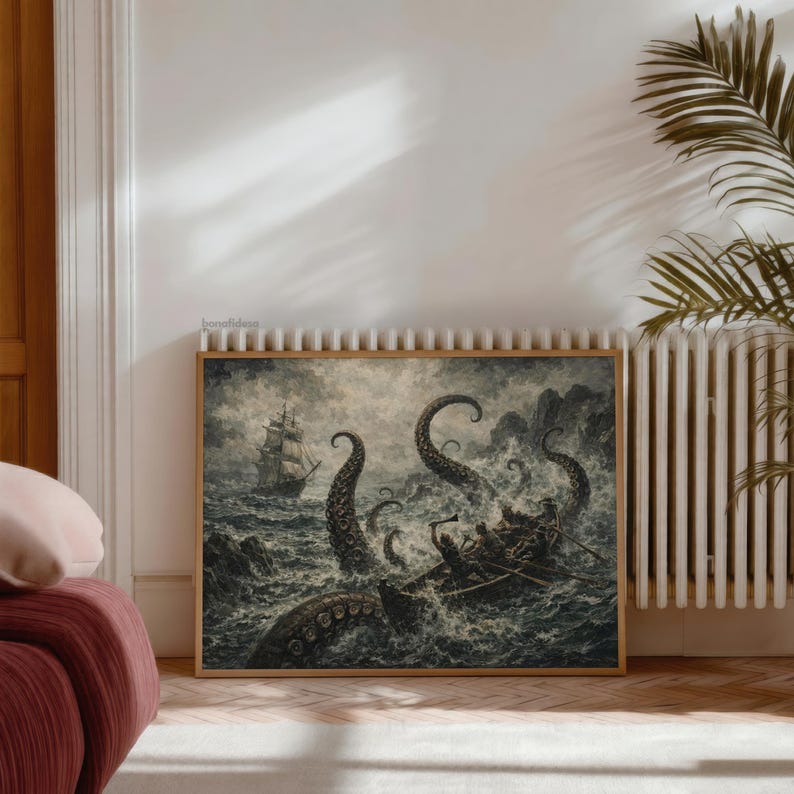 May include: A framed vintage print depicts a sea battle scene. A large kraken attacks a ship, with a second ship in the background. The artwork is in shades of gray and brown, with a wooden frame.