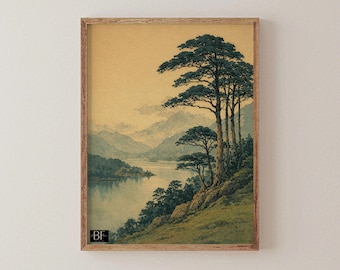 May include: Framed art print of a serene landscape featuring a lake, mountains, and trees. The artwork has a vintage aesthetic with a warm color palette of greens, yellows, and blues. The trees are detailed with dark green foliage.