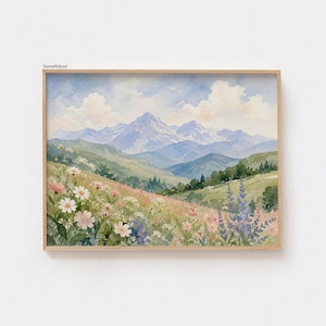 Aquarell-Berglandschaftsdruck, Wandbild mit Wildblumenwiese, Cottagecore-Zimmerdeko, Frühlingsnaturposter, Alpenblumenkunst
