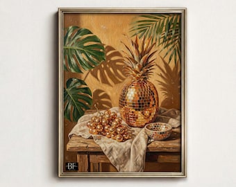 Lámina de arte mural de piña retro y funky: decoración maximalista de dopamina, póster de arte pop de frutas, obra de arte bohemio ecléctica y colorida