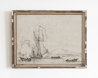 Vintage Ship Sketch, Seascape Charcoal Drawing (Digital Download)
