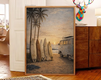 Beach Sunset Surf Van Printable Wall Art, Coastal Surf Art Print, Vintage Surfboards & Palms, Boho Tropical Decor, Surfer Gift