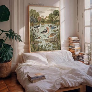 Puede incluir: Una impresi&oacute;n de arte mural enmarcada titulada thebonafidesa que presenta una ilustraci&oacute;n detallada de cuatro aves playeras en un paisaje de humedal con juncos verdes, nen&uacute;fares y &aacute;rboles bajo un cielo suave, sobre una cama blanca con libros.